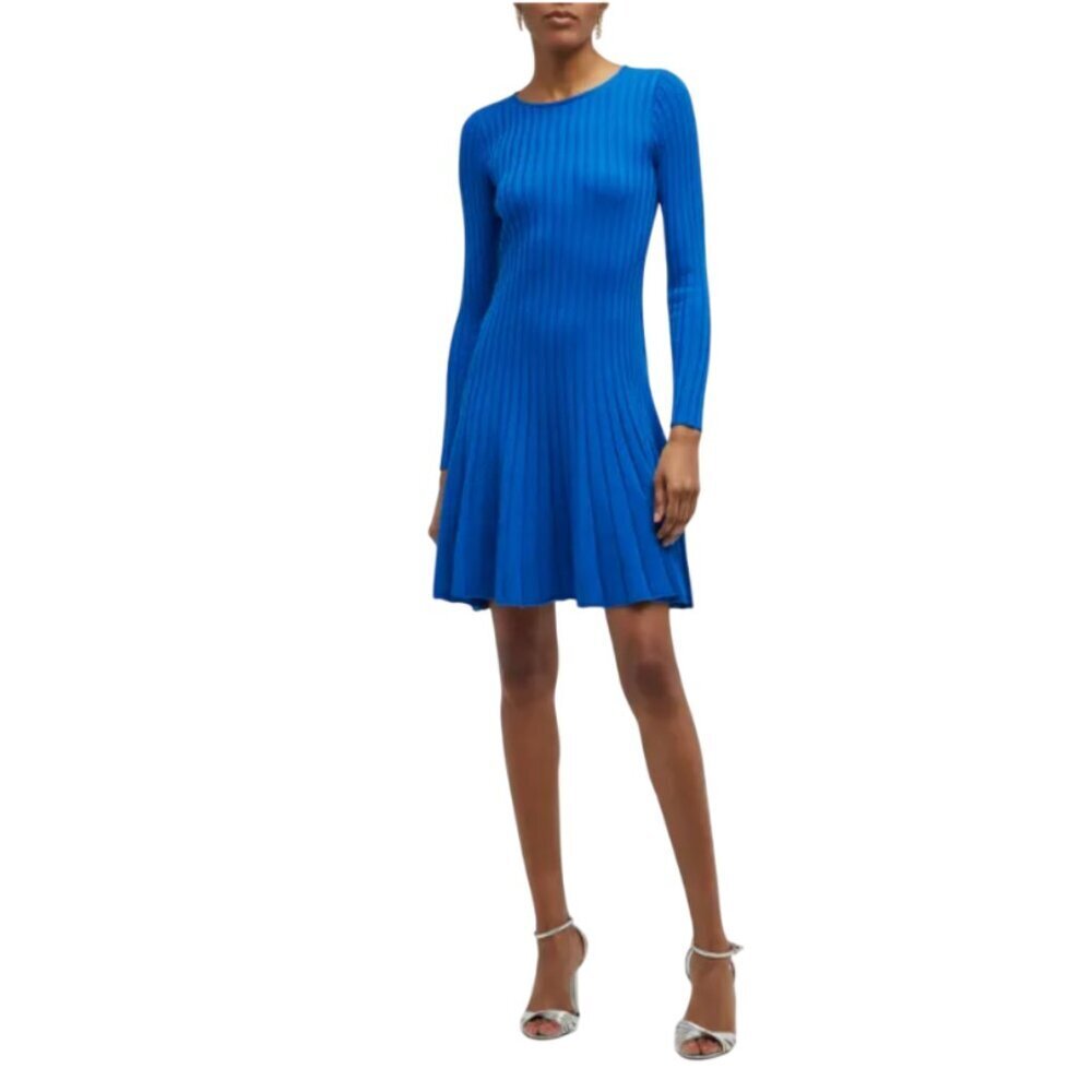 NWT Akris Punto Ribbed Knit Sweater Dress Womens 14 Royal Blue Crew Neck Wool